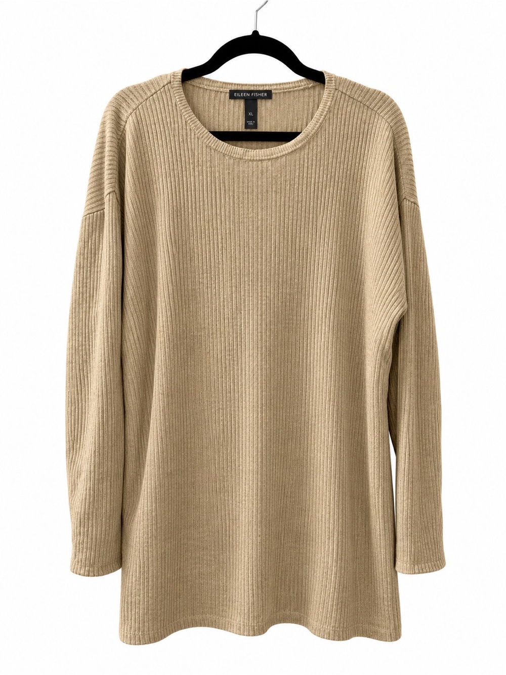 Eileen Fisher Beige Ribbed Knit Long Sleeve Tunic Top Size Large L Italian Yarn